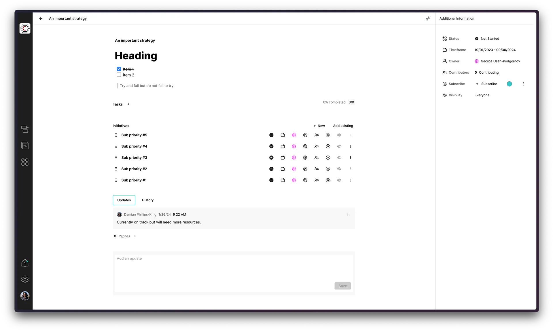 Updated UX/UI for the Strategy/Initiative View